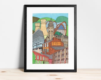 May include: A colorful illustration of a city skyline featuring buildings, a clock tower, and cooling towers. The illustration is framed in black and set against a white background.