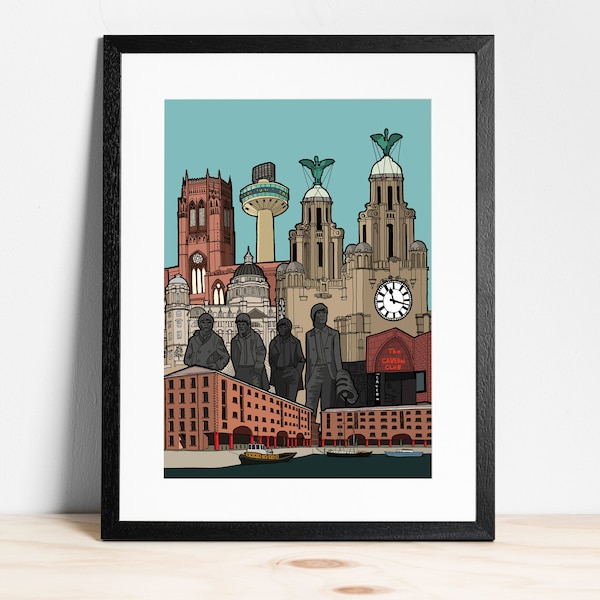 Liverpool Cityscape - Print in Colour (Featuring Landmarks & The Beatles) | Wall Art | Illustration | Home Decor | Poster | City Prints