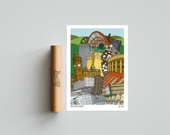 Sheffield Cityscape - A2 Poster (Featuring Sheffield Train Station, Kelham Island & Park Hill Flats) | Yorkshire Wall Art | Home Decor