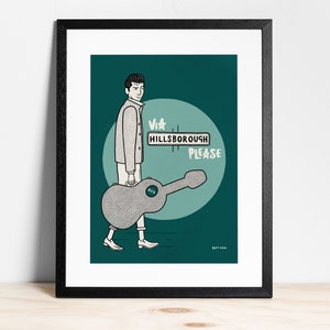 May include: A teal green illustration of a person carrying a guitar case with the text "Visit Hillsborough Please" on a sign.