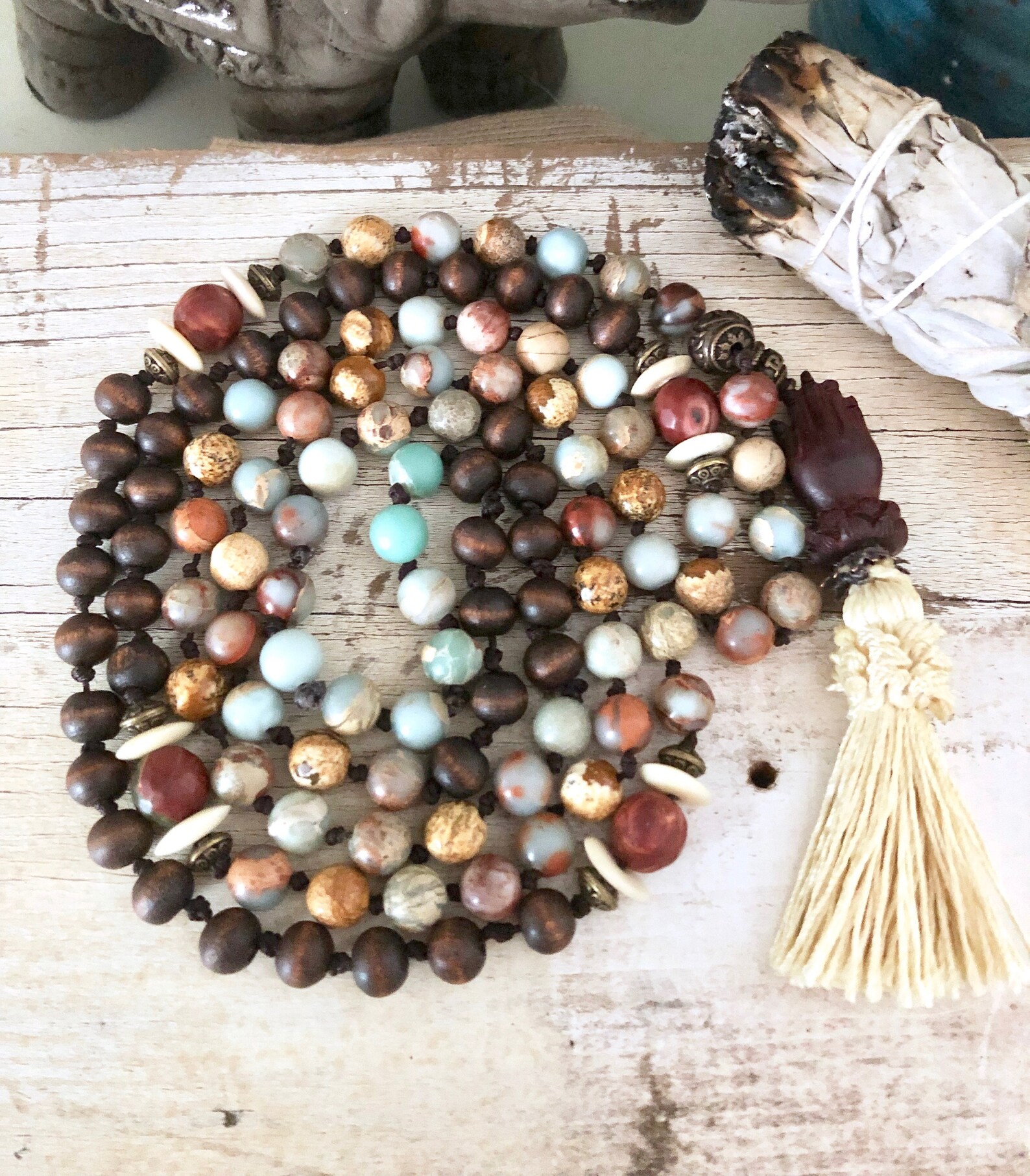 108 Mala Bead Necklace Semiprecious Gemstones Polished Brass Etsy
