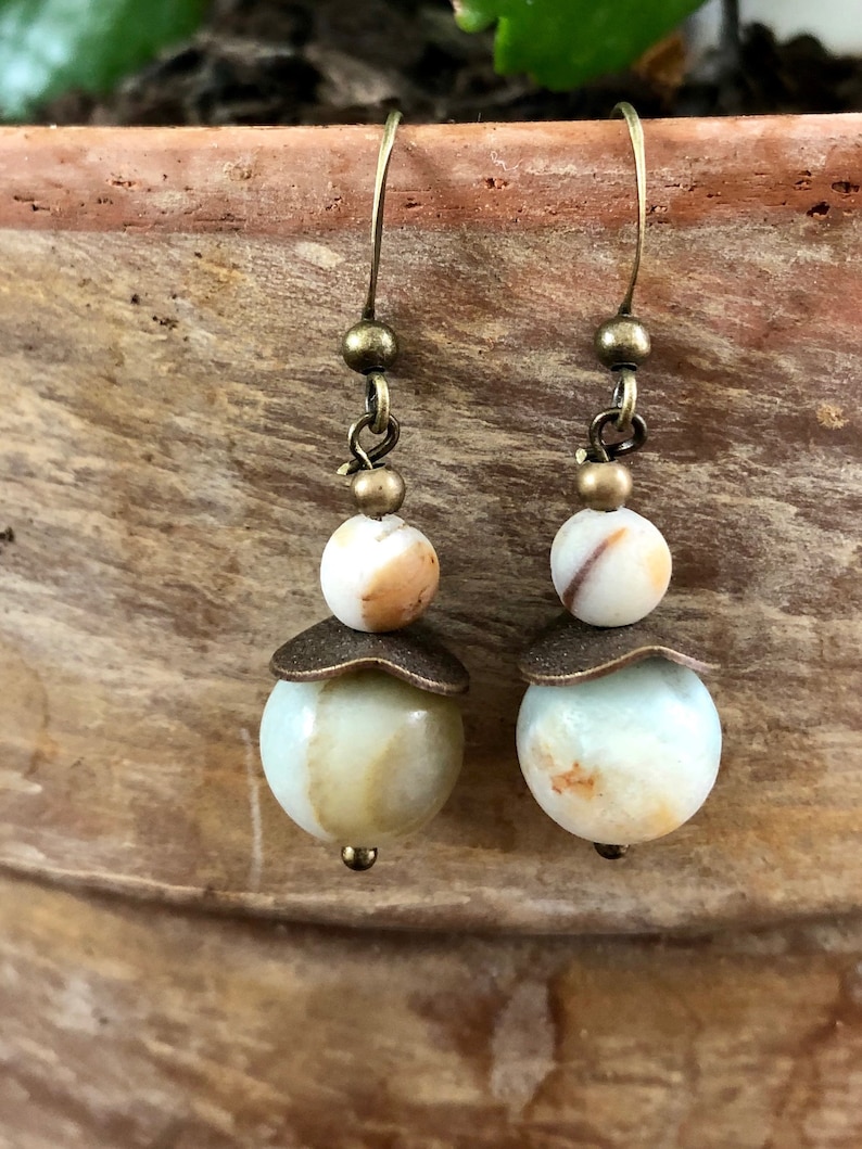 Amazonite Beaded Bracelet and Earring Set Polished Brass Genuine Stone Matte