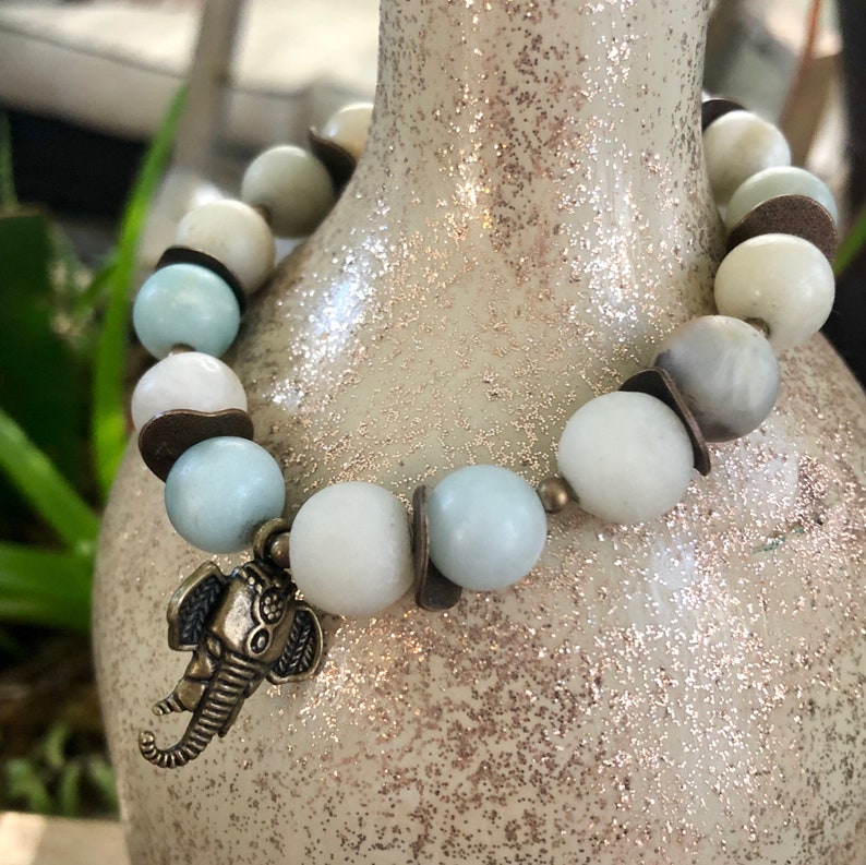 Amazonite Beaded Bracelet and Earring Set Polished Brass Genuine Stone Matte