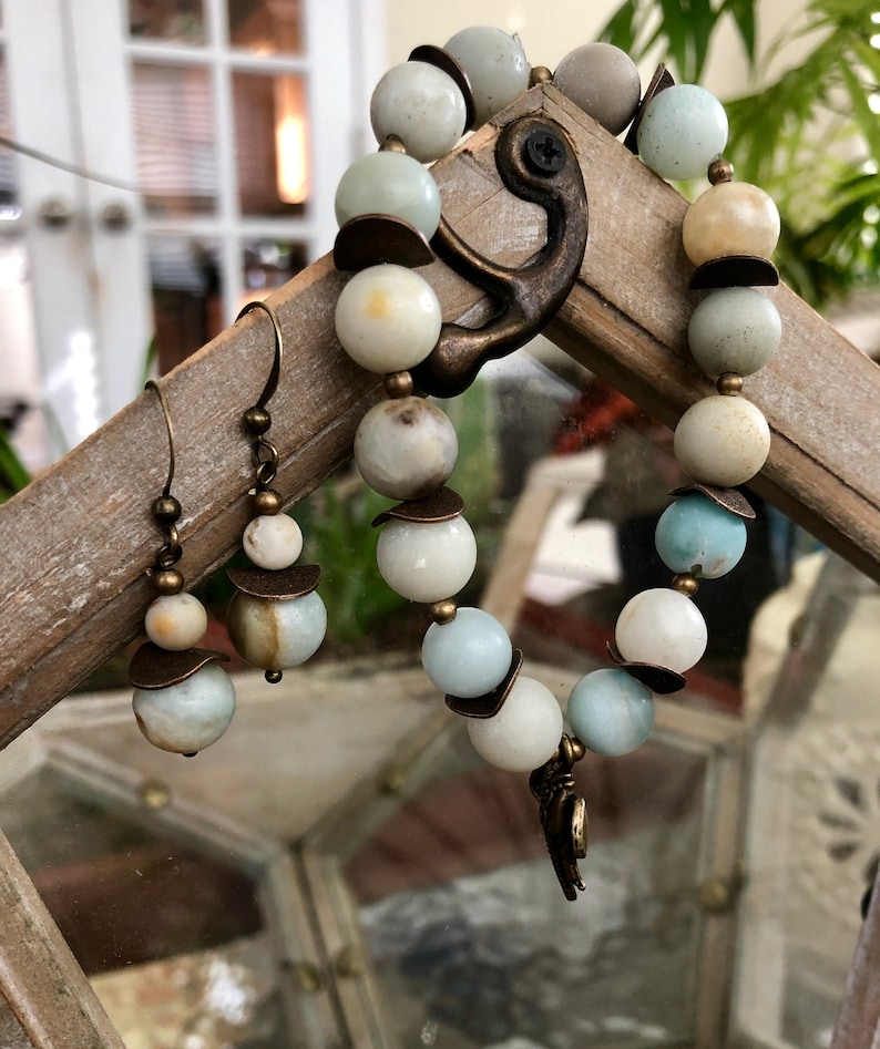 Amazonite Beaded Bracelet and Earring Set Polished Brass Genuine Stone Matte