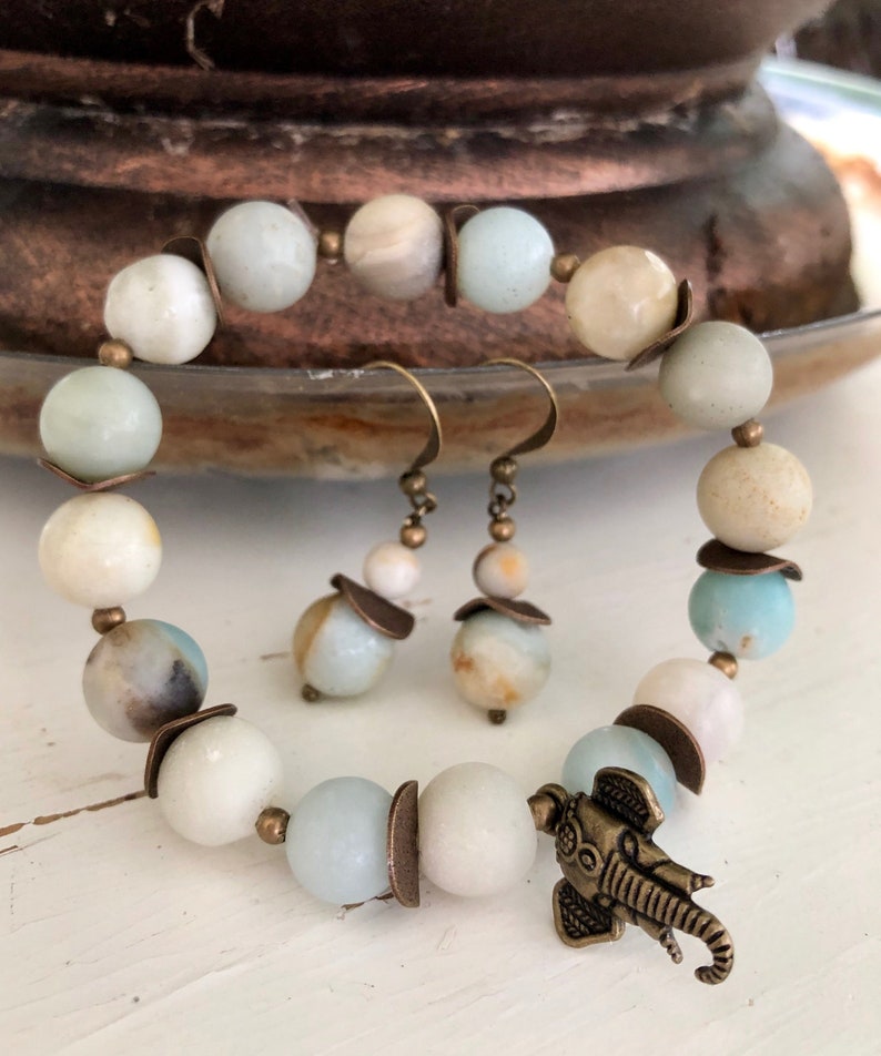 Amazonite Beaded Bracelet and Earring Set Polished Brass Genuine Stone Matte