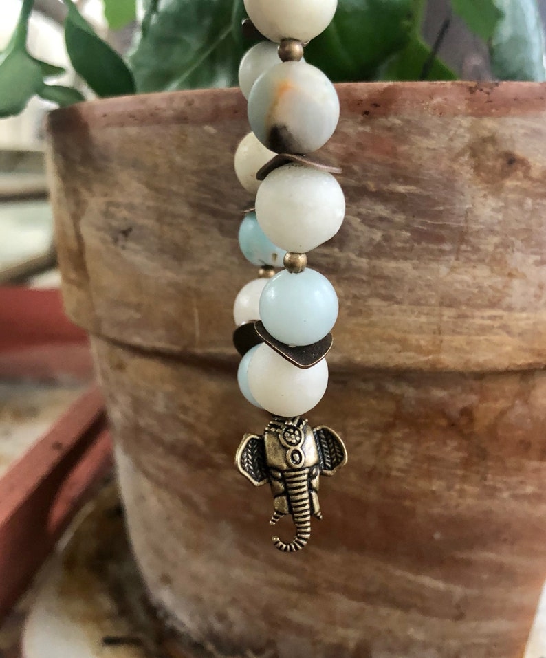 Amazonite Beaded Bracelet and Earring Set Polished Brass Genuine Stone Matte