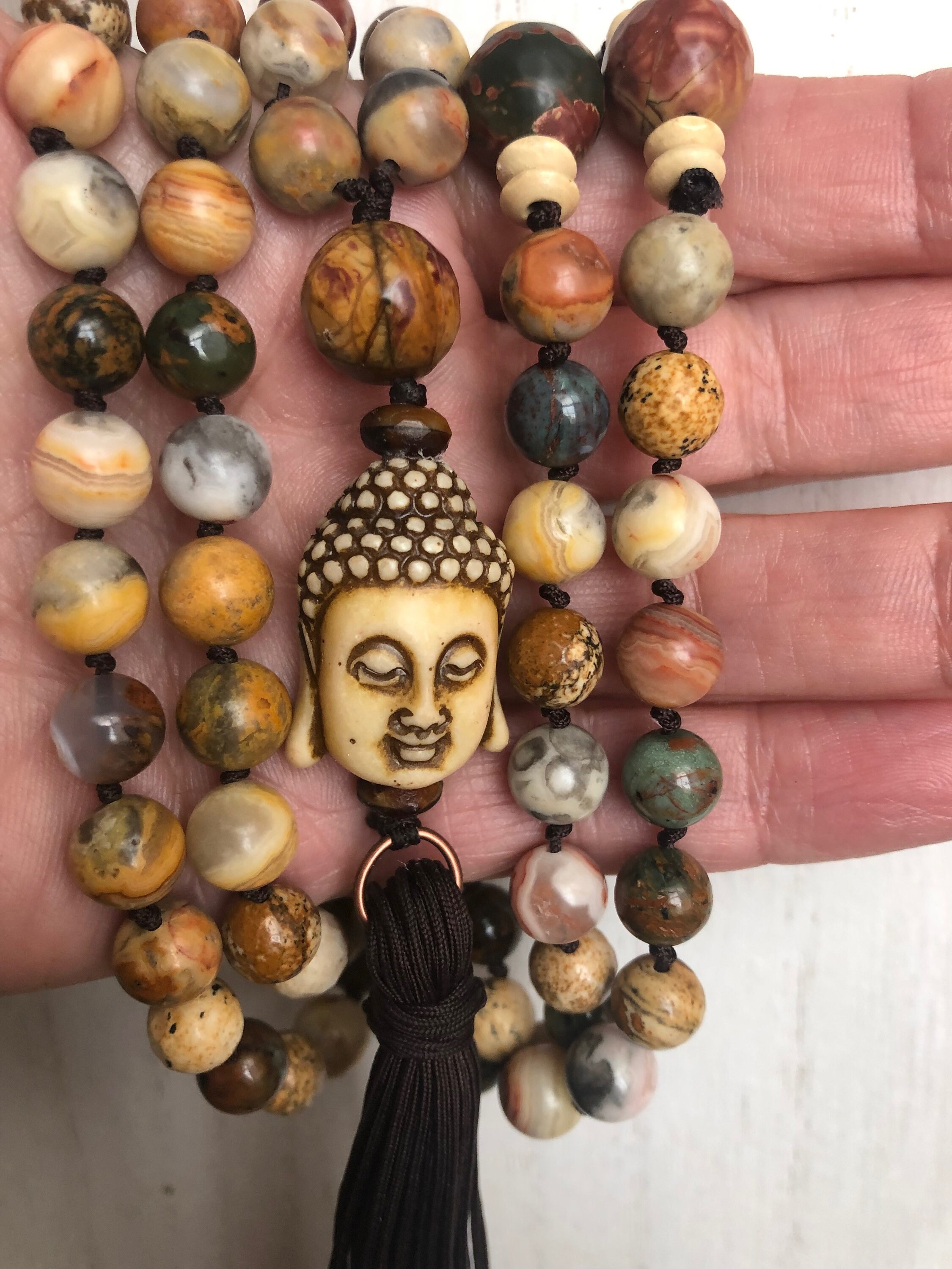 108 Mala Bead Necklace w/ Semi-Precious Gemstone Buddha | Etsy
