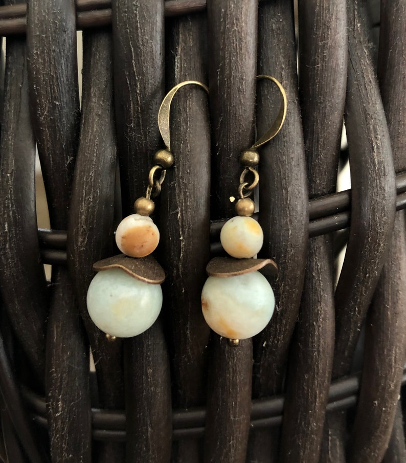 Amazonite Beaded Bracelet and Earring Set Polished Brass Genuine Stone Matte