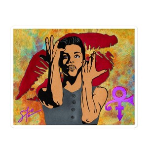May include: A sticker featuring a stylized illustration of a person with hands raised. The person is wearing a gray top, with a red shape behind them. A purple symbol is on the right, and a signature is in the lower left.