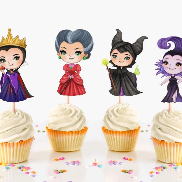 Female Villains Cupcake Toppers, Villain Party Supplies, Female Villain