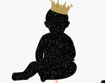 Black Baby Prince Cupcake Toppers, Gold Crown Glitter Picks, Little Royalty Baby Shower Decor