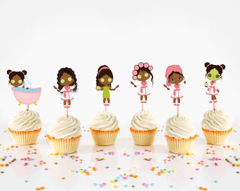 African American Spa Girls Cupcake Toppers, Spa Party Supplies
