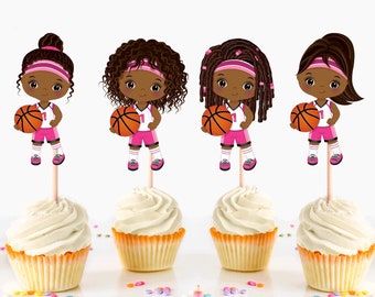 African American Girl Basketball Player Cupcake Toppers, Basketball Party Supplies