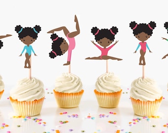 African American Gymnast Cupcake Toppers, Gymnastics Cupcake Toppers, Gymnastics Party Supplies