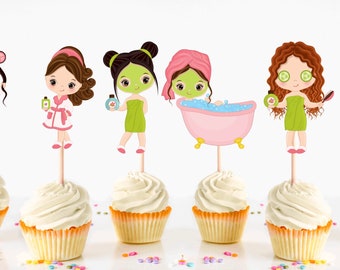 Spa Party Cupcake Toppers, Pamper Party Cupcake Toppers, Mani Pedi Party Supplies