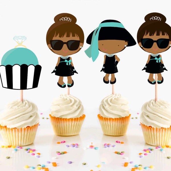 Breakfast At Tiffany’s Inspired Cupcake Toppers, African American Breakfast At Tiffany’s Party Supplies