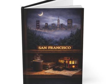 May include: A hardcover journal featuring a San Francisco theme. The cover displays a nighttime cityscape with the Golden Gate Bridge, a cable car, and the text "SAN FRANCISCO". A cup of coffee and a map are also visible.