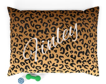 Personalized Leopard Print Dog Bed, Custom Name Pet Cushion