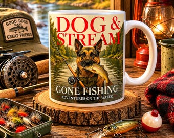 Dog & Stream-mok, koffiekopje Duitse herder vissen, hondenliefhebber vissercadeau
