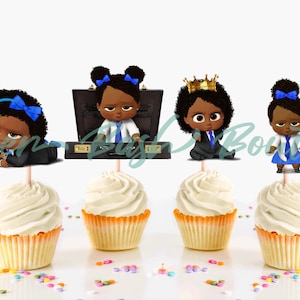 African American Boss Baby Girl In Blue Cupcake Toppers, Boss Baby Party Supplies