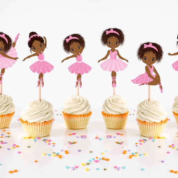 African American Ballerina Cupcake Toppers, Ballet Party Supplies