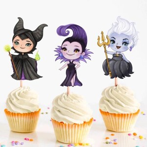 May include: Three cupcake toppers featuring cartoon illustrations of Disney villains. The toppers are Maleficent, Ursula, and the Evil Queen. Each topper is printed on a white background and has a black stick.