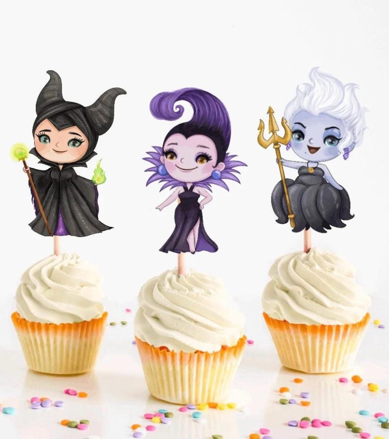 May include: Three cupcake toppers featuring cartoon illustrations of Disney villains. The toppers are Maleficent, Ursula, and the Evil Queen. Each topper is printed on a white background and has a black stick.