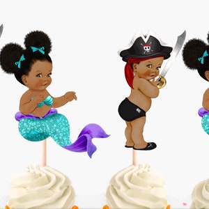 Mermaid Or Pirate Gender Reveal Cupcake Toppers, African American, pirate Or Mermaid