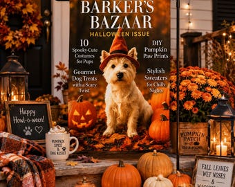 May include: A festive Halloween scene featuring a dog wearing a witch hat on a magazine cover that reads "Barker's Bazaar Halloween Issue." Pumpkins, candles, and fall foliage decorate the porch. Other signs read "Happy Howl-o-ween!" and "Fall Leaves Wet Noses & Wagging Tails."