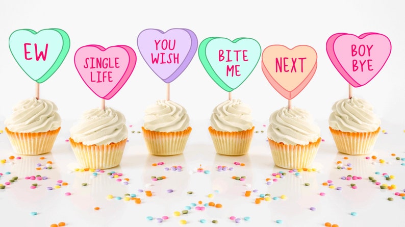 Anti Valentines Day Cupcake Toppers, Anti Valentines Day Conversation Hearts image 1