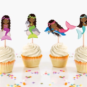 African American Mermaid Cupcake Toppers, Mermaid Party Supplies