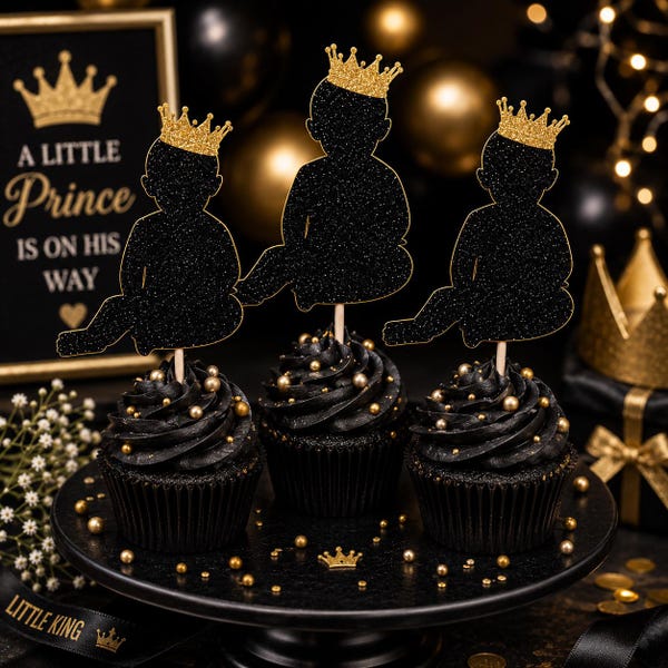 Black Baby Prince Cupcake Toppers, Gold Crown Glitter Picks, Little Royalty Baby Shower Decor