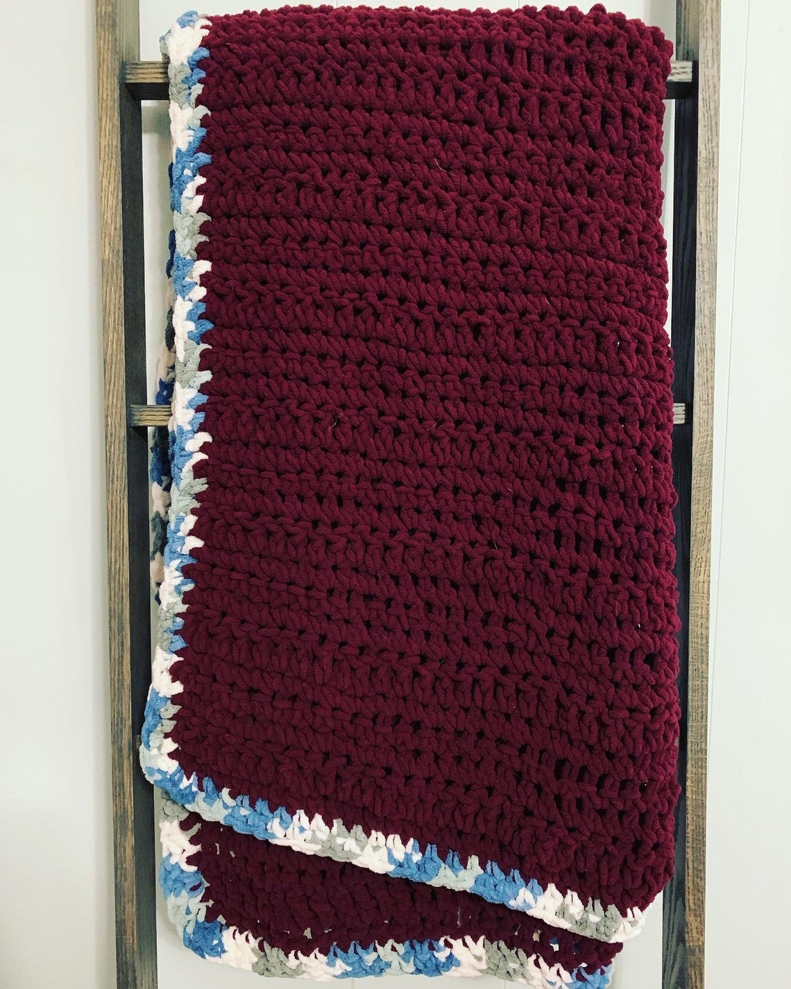 Large Maroon Blanket With Blue Mix Border Etsy