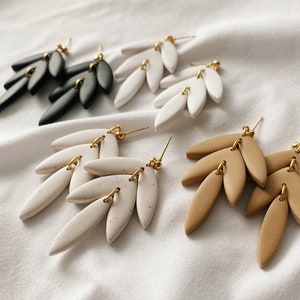 CLAY EARRINGS - Floral Leaf Dangles - Timeless - Handmade Polymer Clay Earrings - Lightweight with Gold Accents