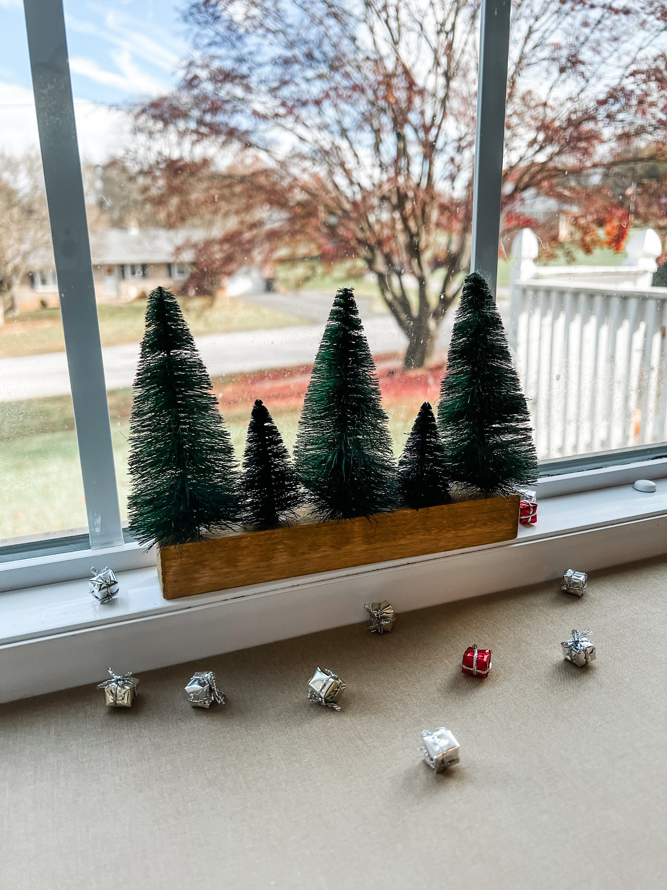 Window Ledge Bottle Brush Decor | Christmas Flocked Bottle Brush Trees