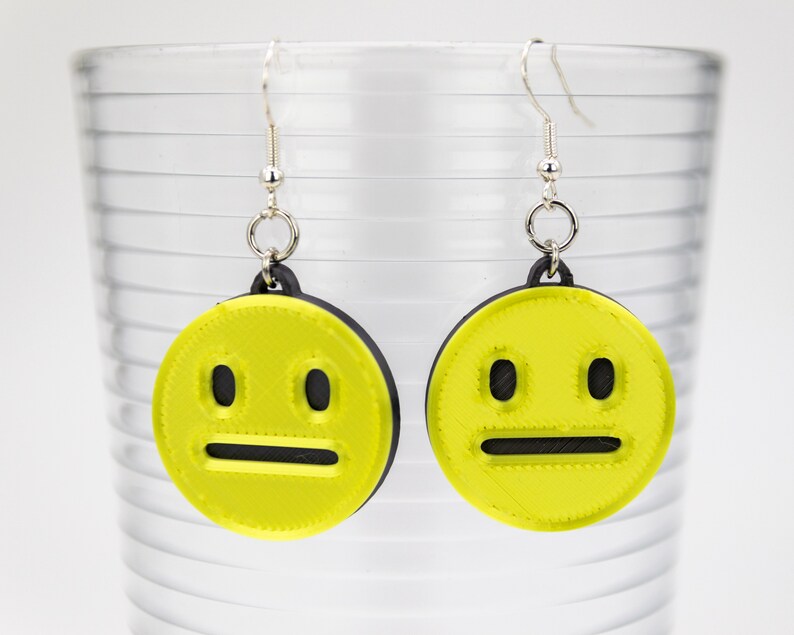 Shiny Straight Face Emoji Dangled Earrings 3d Printed Etsy