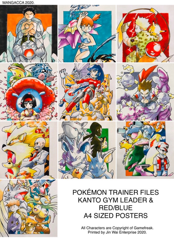 Pokémon R/B/Y Gym Leaders and Etsy of Posters Red/blue - 10 Set Sized A4