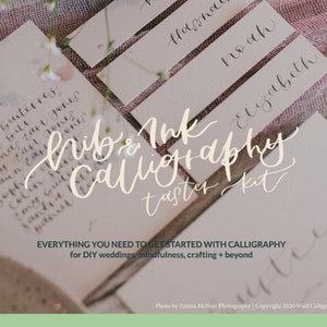 May include: A digital download for a calligraphy taster kit. The kit includes everything you need to get started with calligraphy, including DIY weddings, mindfulness, crafting, and beyond. The image shows a close-up of a calligraphy taster kit with a floral background.