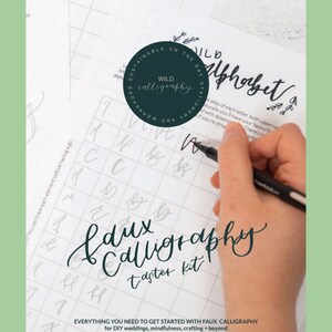 May include: A digital download for a faux calligraphy taster kit. The image shows a hand writing on a gridded sheet of paper with a black marker. The text on the page says "WILD calligraphy" and "faux calligraphy taster kit". The text also says "Everything you need to get started with faux calligraphy for DIY weddings, mindfulness, crafting + beyond".