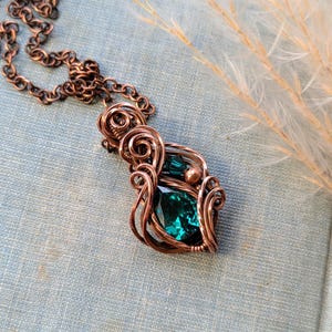 Green Cubic Zirconia and Copper Wire Wrap Necklace