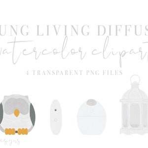Może przedstawiać: Aquarelowe kliparty z czterema wzorami dyfuzorów Young Living. Wzory obejmują dyfuzor, dyfuzor z sową, dyfuzor z latarnią i dyfuzor z pilotem.