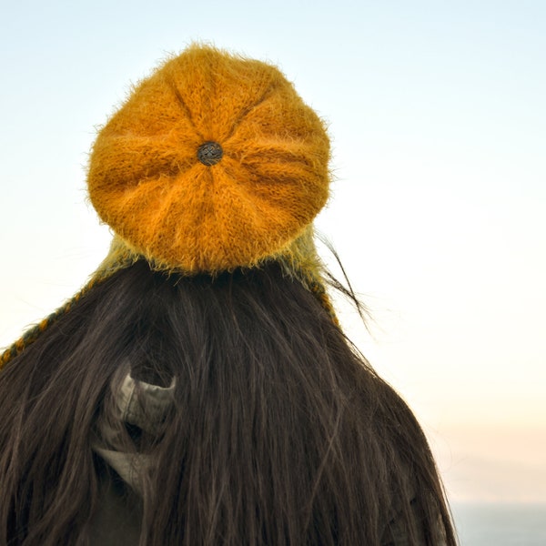 Double sided hand knitted women's hat, puffy beanie, soft beret, silky yarn beanie, khaki green hat, mustard beanie, soft women's hat (16)