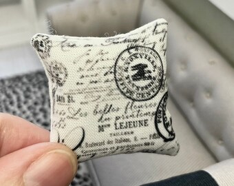 Dollshouse miniature one twelfth scale antique postcard design cushion/pillow for roomboxes, dollshouses and dioramas