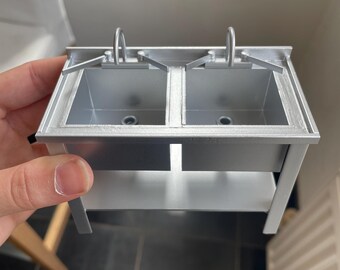 Dollshouse Miniature 1:12th scale Double 'Stainless Steel Sink with Elbow Taps by Delph