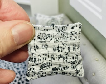 Dollshouse miniature one twelfth scale musical notes design cushion/pillow for roomboxes, dollshouses and dioramas