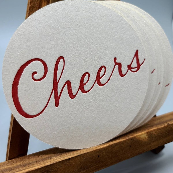 Letterpress printed set of 16 red CHEERS Coasters