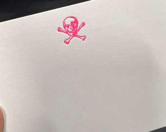 Hot Pink Letterpress Printed stylish Skull and Crossbones Notecard Set