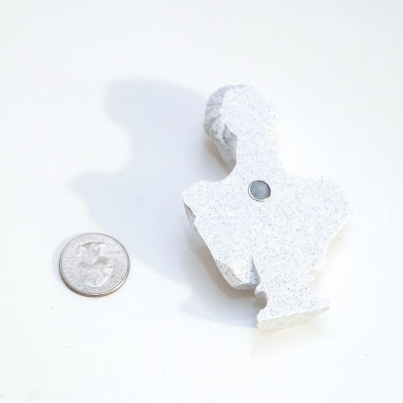May include: A small, light gray magnet shaped like a classical bust. The magnet has a textured surface and a small, round magnet attached to the back. A U.S. quarter is next to the bust for size comparison.