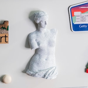 May include: A white and speckled statue of a classical female figure, missing both arms. The sculpture is a bust, with detailed facial features and draped fabric around the lower body. The statue is a refrigerator magnet.
