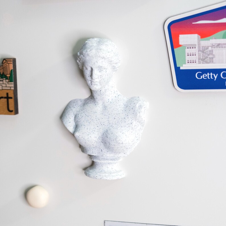 May include: A white bust of a woman with speckled detailing. The sculpture is a classical style, featuring a detailed face and shoulders. The bust is mounted on a pedestal base, and is a decorative item.